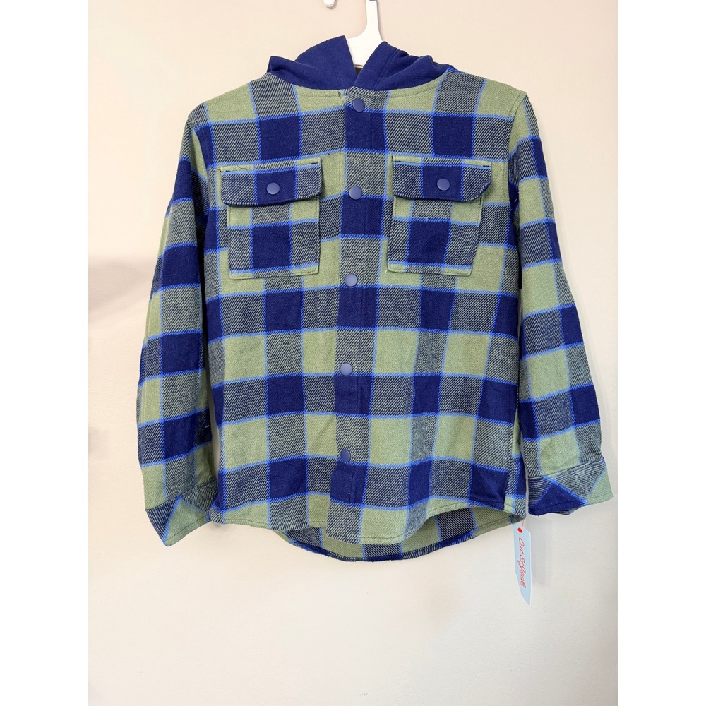 Cat & Jack Hooded Flannel Shacket Boys L Blue Green Plaid Snap Front NWT